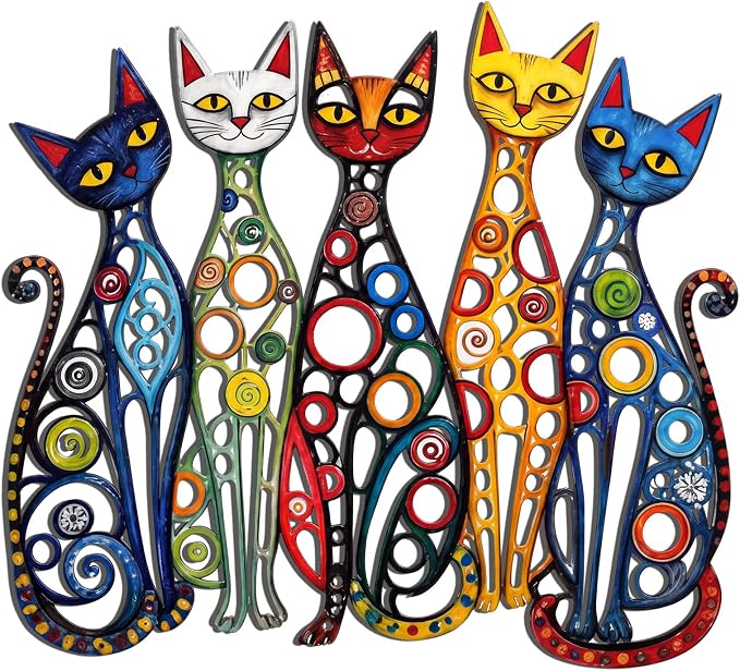 Wesiti Cat Wall Art Decor Metal Sculpture, 10.6x15.7 Inches Colorful Retro | Mid Century Style for Cat Lovers, Iron Metal Decor for Living Room Bedroom Kitchen Office, Playful Vintage Design by Unteilti