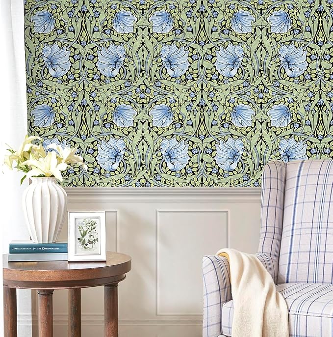 HAOKHOME William Morris Peel and Stick Wallpaper Floral Blue Wall Paper | Textured Renter Friendly Removable Wall Paper Vintage Botanical Vine Bathroom Bedroom Stick on Contact Paper 17.3in x 9.8ft - Image 2