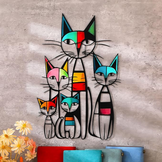 Wesiti Metal Cat Wall Art, Colorful Mid Century Iron Sculpture 10.6x15.7 | Black Metal Frame, Geometric Cats, Ideal for Room Decor, Living Room Bedroom Kitchen Office, Cat Lover Gift Pictures by Unteilti
