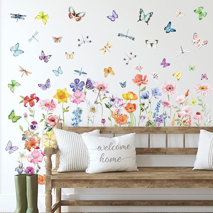 Zonon 6 Pcs Flower Wall Decals Peel and Stick Sticker, Modern | Vinyl Removable Wall Stickers, Colorful Butterfly and Dragonflies Wall Decals, Wildflower Decor for Bedroom, Living Room - Image 2