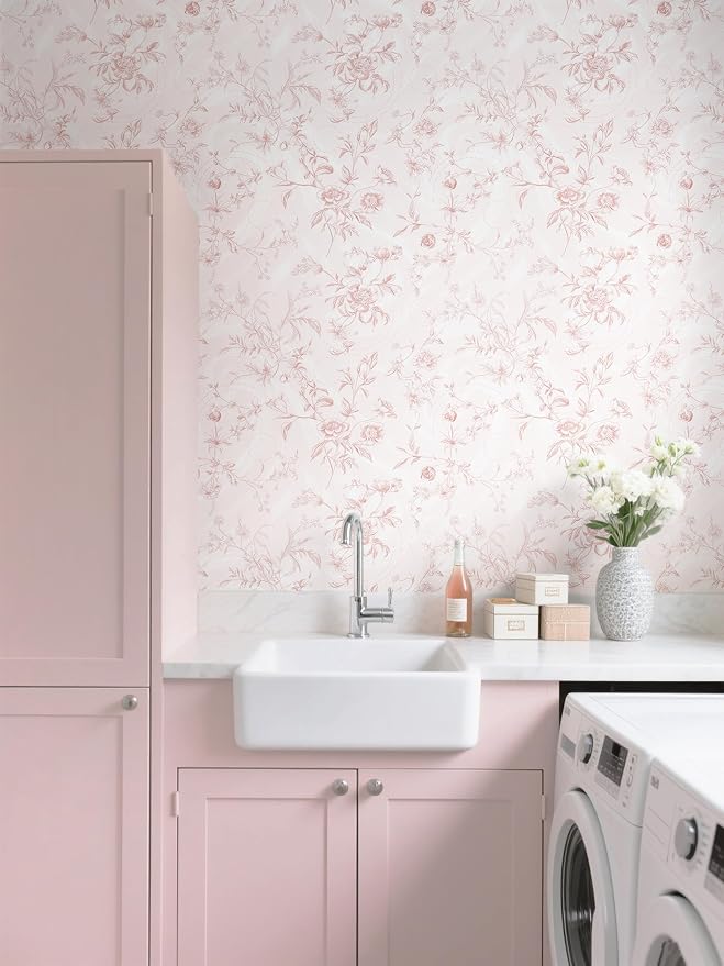 Dimoon Peel and Stick Wallpaper Pink Floral Contact Paper Pink Vintage French Renter Friendly Wallpaper 17.3''x394'' Textured Stick on Wall Paper for Bathroom Bedroom Cabinets Removable Vinyl Roll - Image 8
