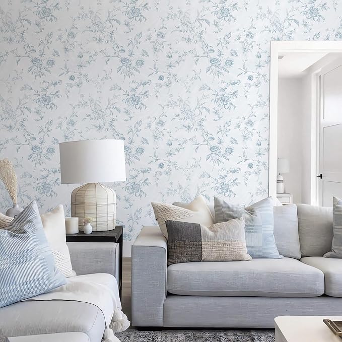 Ismoon Blue Wallpaper Peel and Stick Floral Vintage Stick on Wall Paper French Textured Contact Paper for Cabinet Removable Self Adhesive Wallpaper Vinyl Roll Shelf Deco, 17.3x787in - Image 6