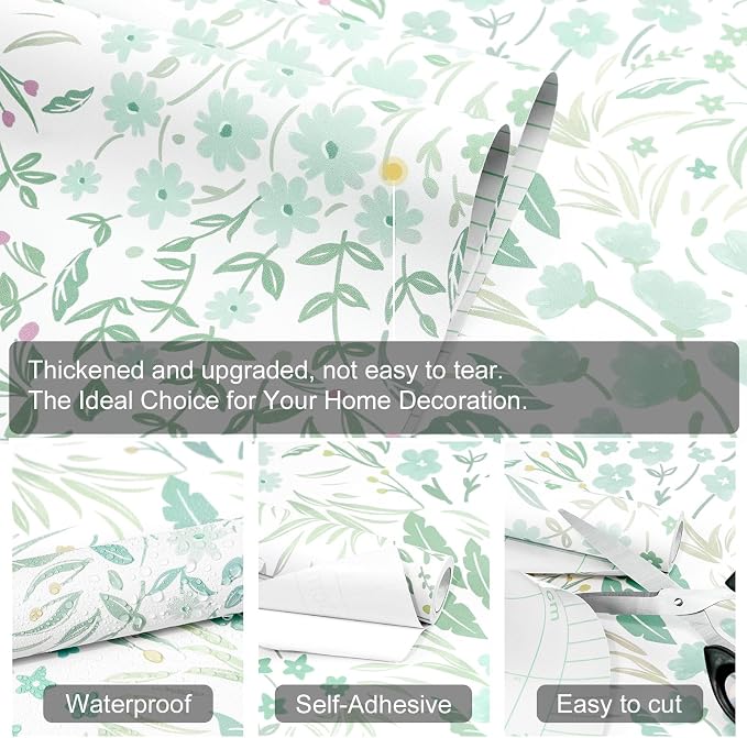 SOON AFTER Green Boho Neutral Floral Peel and Stick Wallpaper, 17.3" x 118" Removable & Waterproof Vinyl Wallpaper, Flower Self-Adhesive Contact Paper for Nursery Bedroom Cabinets - Image 3