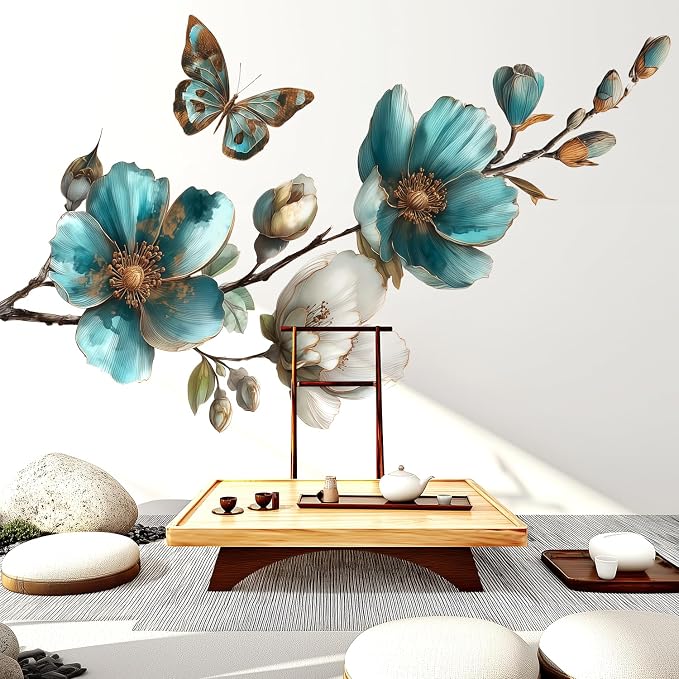 Teal Blue Flower Wall Decals with Butterfly - Large Floral Branch Wall Stickers for Living Room Bedroom, Peel and Stick Vinyl Art, Coastal Farmhouse Chinoiserie Decor, Removable Home Decoration - Image 6
