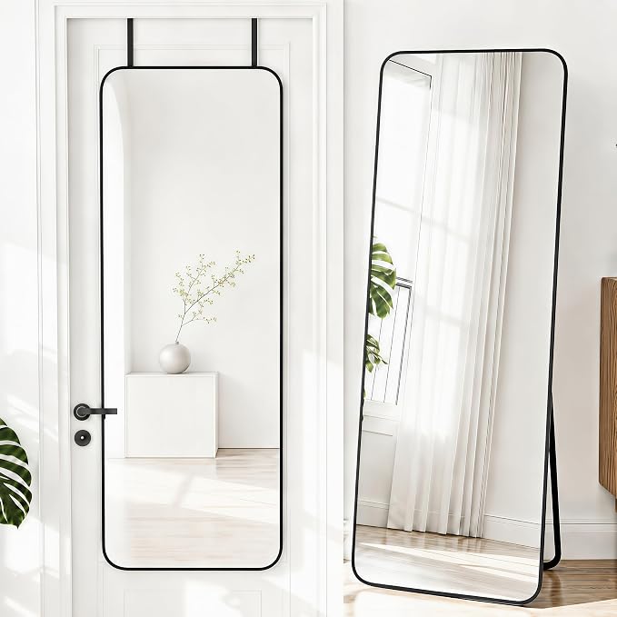 NARCISSUS Full Length Mirror 57x20 Inch, Over The Door Mirror with Stand, Wall Mounted or Freestanding/Door Hanging Full Body, Aluminum Alloy Frame, Black by NARCISSUSMIRROR