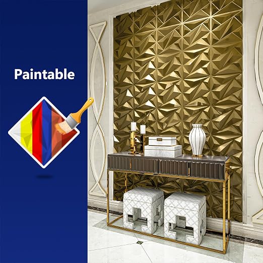 Art3dwallpanels 33 Pack 3D Wall Panel Diamond for Interior Wall Décor, PVC Textured Wall Panels, 12''x12'' Cover 32.Sq.Ft. Golden - Image 5