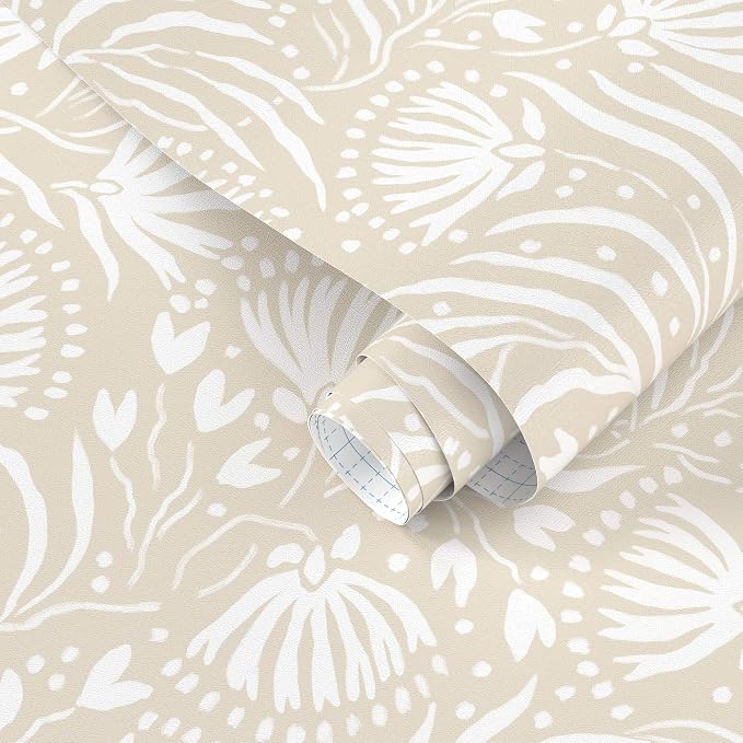 Ismoon Boho Peel and Stick Wallpaper Beige Floral Contact Paper Boho Stick on Wall Paper Textured Removable Self Adhesive Vinyl Wallpaper for Bedroom Bahtroom Wall Decor 17.3x393in by Ismoon