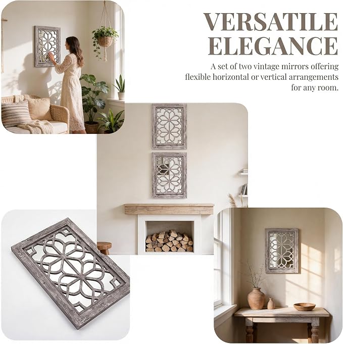 Set of 2 13x17 Inch Rectangular Shatterproof Decorative Wall Mirrors, Boho Farmhouse Rustic Vintage Grey Accent Mirrors for Living Room, Bedroom, Entryway & Home Wall Decor（Brown） - Image 4