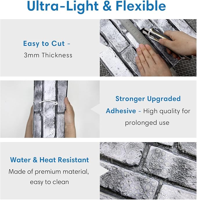 COMSTICKC 3D Faux Brick Wall Panels Peel and Stick, 10 Pcs 11.8" x 11.8" | Gray, Not Real Brick, PVC Brick Sticker Decorative Wall Covering Wallpaper for Quick DIY Wall Upgrades, Cover 9.7 sq ft - Image 5