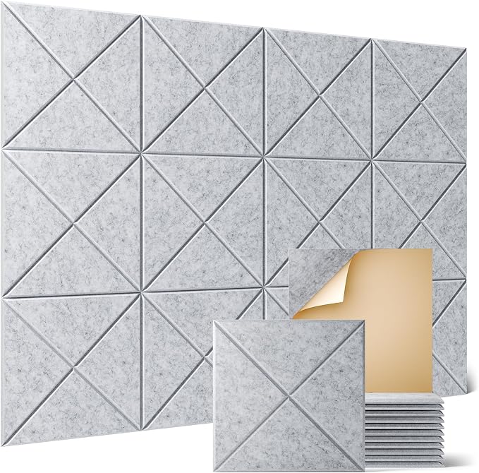 Sonicism 12 Pack X-Lined Acoustic Panels with Self-Adhesive, 12"X 12"X 0.4" Sound Proof Foam Panels, Decorative Soundproof Wall Panels, Sound Absorbing Tile for Home & Offices, Silver Gray by Sonicism
