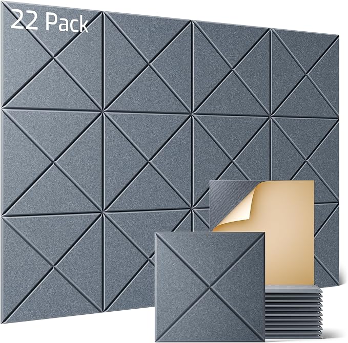Sonicism 22 Pack X-Lined Acoustic Panels with Self-Adhesive, 12"X 12"X 0.4" Sound Proof Foam Panels, Decorative Soundproof Wall Panels, Sound Absorbing Tile for Home & Offices, Gray by Sonicism