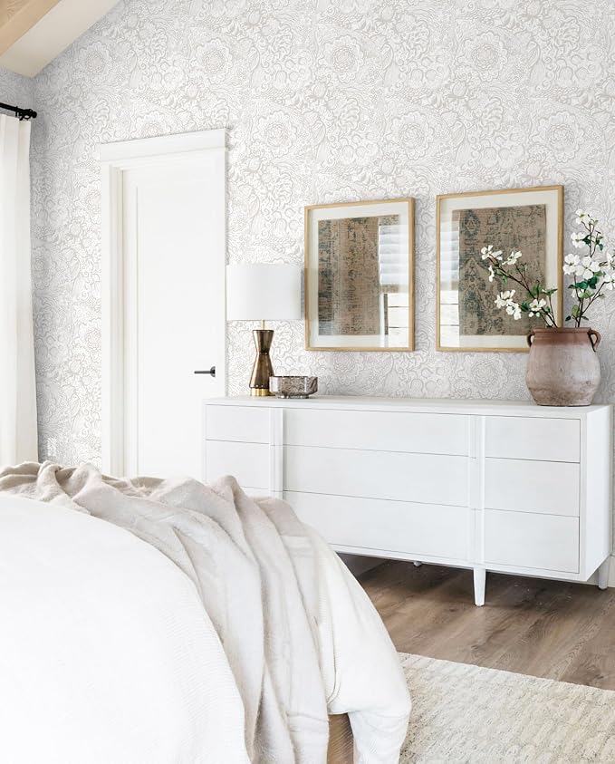 Peel and Stick Wallpaper Boho Grey and White Floral Wallpaper for Bedroom Bathroom Removable Self-adhsive Contact Paper for Cabinets Nursery Shelf Liner 17.3" x 394" - Image 5