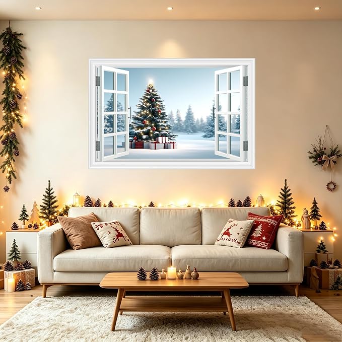 Fake Window Wall Decal - Christmas Tree Gift Winter Wall Art Poster Mural | ｜Faux Window Snow Snowfield Landscape Mural ｜ Stick and Peel Wall Decals｜for Xmas Room Office Decor｜48"x32",Set of 2 Sheets - Image 2