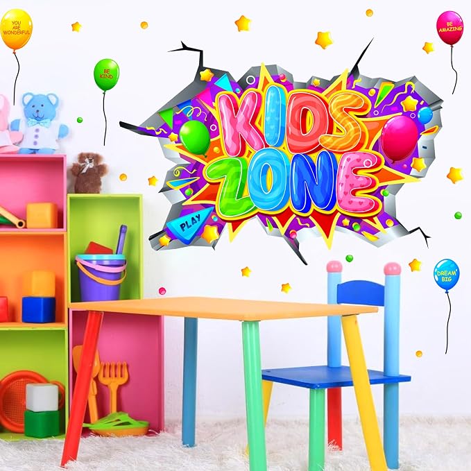 Kids Playroom Wall Decals Colorful Kids Zone Signs 3D Broken Wall Stickers | Multicolor inspirational quotes, kids room signs, peel and stick, removable vinyl art murals, for classroom nursery bedroom - Image 8