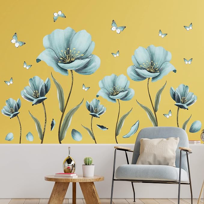 8 Sheets Creative Blue Flowers Wall Decal DIY Removable Painted Butterflies Wall Sticker Romantic Painting Art Mural Vinyl Peel and Stick for Home Living Room Bedroom Office Bathroom Wall Decoration - Image 3