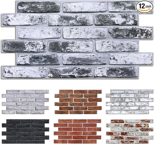 Commomy Faux Brick 3D Wall Panels Peel and Stick 12 pcs of 22.8" x 11.8" | Thin & UrltraLight PVC Printable Wash Grey Brick Wall Panels for Bedroom,Living Room,TV Background (Covers 22.48 sq.ft) by CommomyDecor