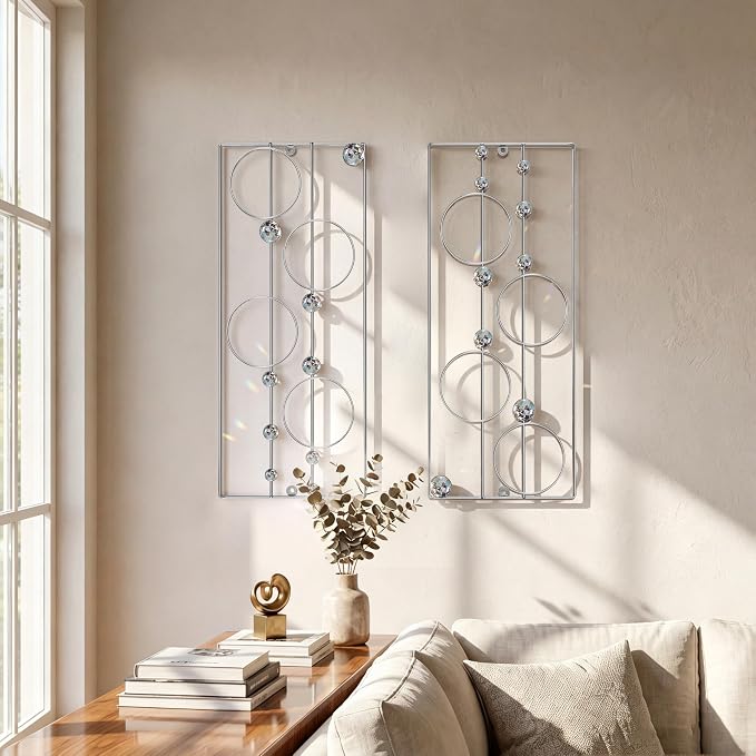 ZEXUIRU 2 Pcs. Abstract Metal Art for Wall Decor Living Room Bedroom Bathroom Office Metal Bling Modern Geometric Hanging Vertical Small Iron Sculpture Plaque Pack -Silver 24in - Image 2
