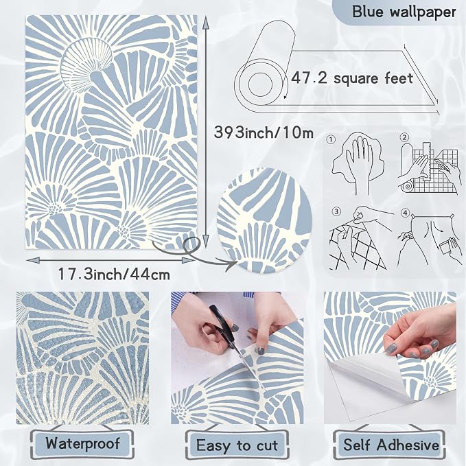 Theper Blue and White Wallpaper Peel and Stick Wallpaper Boho 17.3"×393" | Modern Wall Paper Self Adhesive Removable Wallpapers for Bathroom Blue Contact Paper for Cabinets Drawers Shelf Decor Vinyl - Image 3