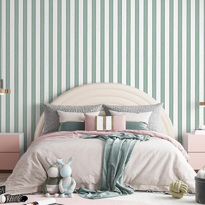 Green Stripe Peel and Stick Wallpaper A Set of 15.7" x 1181" Green and White Self-Adhesive Wallpaper Removable Waterproof Contact Paper for Cabinets,Bedroom,Nursery,Accent Wall - Image 5