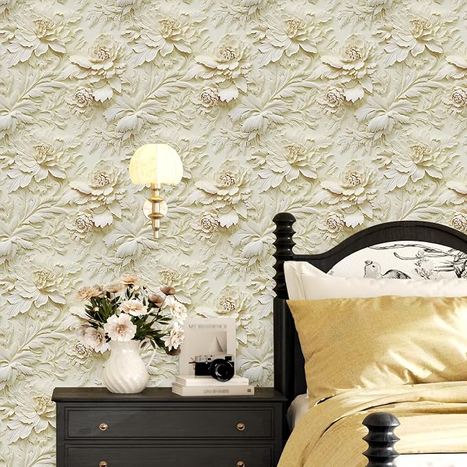 3D Embossed Wallpaper Peel and Stick Cream Floral Contact Paper | Nature Peony Flower Wallpaper Flat Printed Faux Sculpted Floral Sticker for Living Room Bedroom Bathroom Mural 17.5"x102" - Image 8