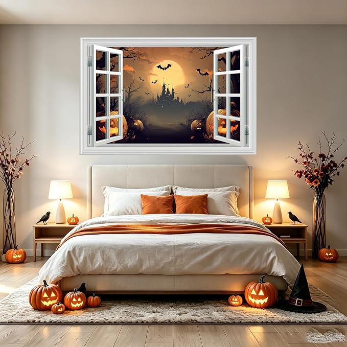 Halloween Decorations Fake Window Wall Decals，Full Moon Night View Terror Castle Pumpkin Bat Spooky Wall Art Poster Sticker Decal ，for Home Halloween Party Scary Scene Decor Peel and Stick 16“x24” - Image 4