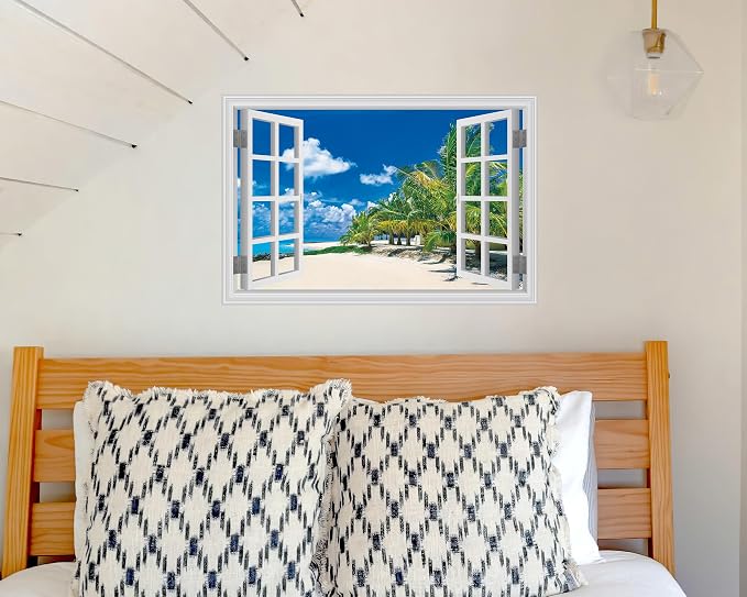 FLFK Fake Window Wall Sticker, White Frame Tropical Beach Scene, Peel and Stick Removable Wall Decal, Paradise Ocean View with Palm Trees, 24 x 16 Inches, Modern Style, Indoor Use - Image 5