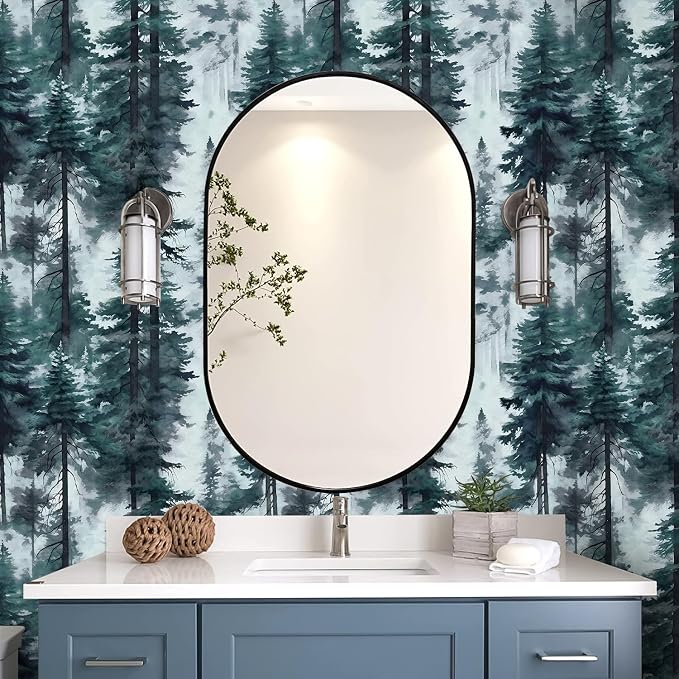 HAOKHOME Forest Peel and Stick Wallpaper Misty Blue Mural Contact Paper | Textured Removable Tree Landscape Mountain Botanical Nature Wall Paper Waterproof Blue Green Bathroom Bedroom 17.3in x 9.8ft - Image 2