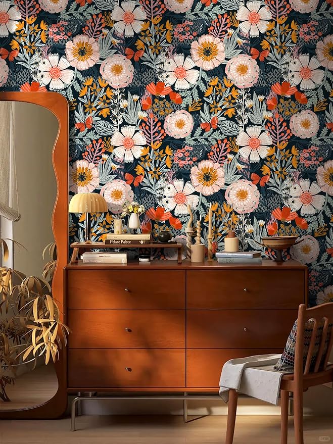 HAOKHOME Floral Wallpaper Peel and Stick Boho Pink Bathroom Contact Paper | Textured Navy Blue Orange Stick on Wall Paper Botanical Renter Friendly Removable Flower Bedroom Accent Decor 17.3in x 9.8ft - Image 3