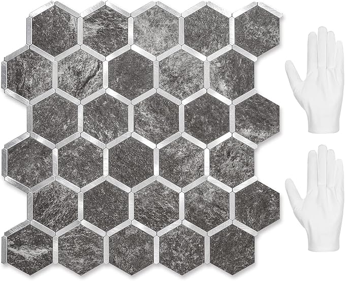 STICKGOO Hexagon Peel and Stick Backsplash Tile, Stick on Backsplash for Kitchen and Bathroom, Black Slate Look PVC Mixed Metal Silver Self Adhesive Wall Tiles(10 Sheets, Seamless) by STICKGOO