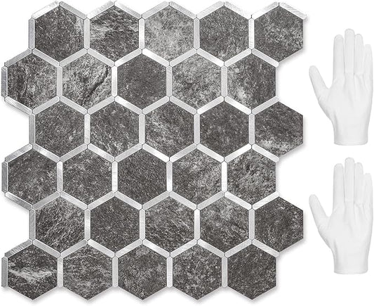 STICKGOO Hexagon Peel and Stick Backsplash Tile, Stick on Backsplash for Kitchen and Bathroom, Black Slate Look PVC Mixed Metal Silver Self Adhesive Wall Tiles(10 Sheets, Seamless) by STICKGOO