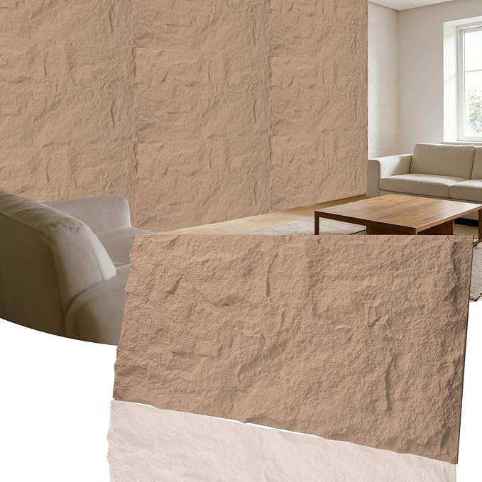 3D Faux Stone Wall Panels, 1.18" (30MM) Extra Thick PU Stone Panels for Interior Wall Decor, 4 Pack Waterproof Lightweight Cement Texture Accent Wall Panels, 47.2" x 23.6", Sandstone Yellow by Unknown