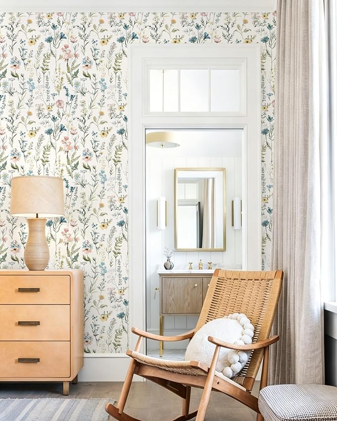 Dimoon Boho Peel and Stick Wallpaper Beige Floral Contact Paper 17.3x197in |Blue Wildflower Botanical Renter Friendly Removable Self Adhesive Stick on Wall Paper Decor for Bathroom Bedroom Vinyl - Image 8