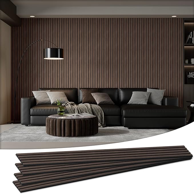 4 Pack Wood Salt Acoustic Wall Panels 94" x 12.6" x 0.8", Natural Walnut | 3D Fluted Soundproof Wooden Wall Panel, Sound-absorbing Wall Decor for Home Theater Studio Office Bedroom by LDB_BUILDING
