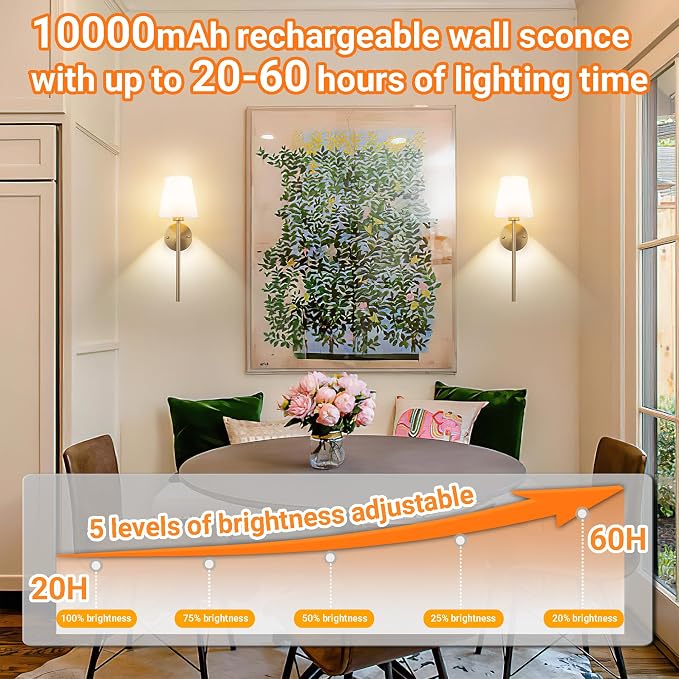Nekhung Battery Operated Wall Sconce, Peel and Stick Sconces Set of 2 | Wireless Adhesive Stick On Wall Sconce, 10000mAh Rechargeable RGB Bulb with Remote, No Drill Wall Light for Bedroom Decor - Image 6