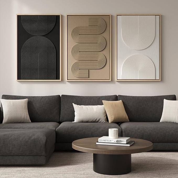Large Framed Neutral Abstract Wall Art for Living Room, Modern 3D Artwork | Solid wood frame, Textured paintings, Neutral black white brown geometric, 3 piece 24x36 in big size, Bedroom or office decor - Image 2