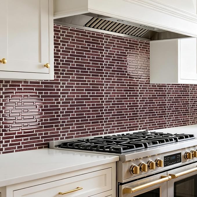 Art3d 10-Sheet Heavy-Duty Peel and Stick Backsplash, Waterproof Wall Tiles Stick on Kitchen Backsplash Living Space, Dark Burgundy - Image 2