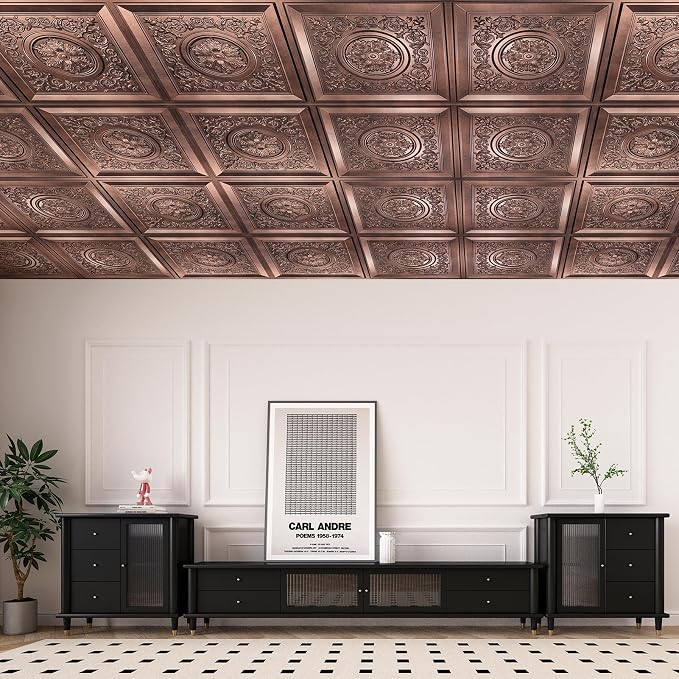 WOWSTAR 12-Pack 24"x24" 3D Drop Ceiling Tiles, Waterproof Glue up Ceiling Panels, Antique Copper | PVC ceiling panels, 24"x24", waterproof, glue-up install, basement kitchen bathroom, 12-pack - Image 7