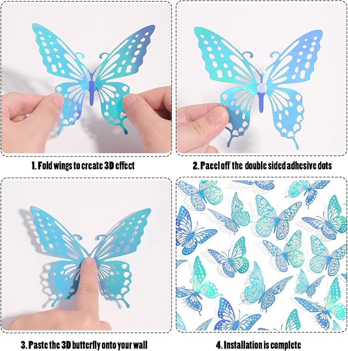 SAOROPEB 3D Butterfly Wall Decor 48 Pcs Laser Blue Butterfly Decorations | 4 Styles 3 Sizes, Butterfly Birthday Decorations Butterfly Party Decorations Cake Decorations, Removable Stickers - Image 6