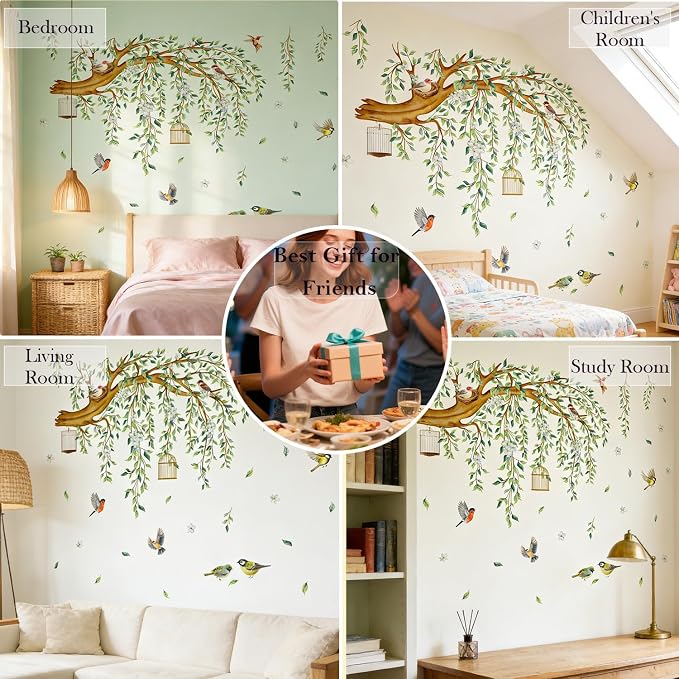 Large Tree Branch Wall Decals Hanging Green Vine Leaves Birds Nest Wall Art Stickers Spring Blossom Flower Tree Home Decor Murals for Living Room Bedroom Tv Background Decor - Image 8