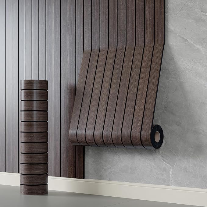 YLL YLL PVC Slat Wall Panel Peel and Stick 236"x 15.7" Faux Smoked Wood Grain Slat Panel Self-Adhesive Wallpaper Soundproof 3D Wall Panels by YLLYLL