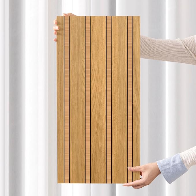 Haimin 3D Wall Panels Wood Grain Slat, 10Pcs 23.6"x11.6" Peel and Stick Self-Adhesive Textured Paneling, Easy DIY Light Luxury Decor for Bedroom Living Room Home (Light Oak with Gold) - Image 6
