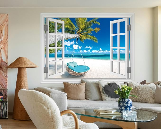 FLFK Fake Window Wall Decal, Tropical Beach Paradise with Turquoise Ocean, White Frame, Peel and Stick, 80 x 60 Inches,for Living Rooms, bedrooms, and Offices - Image 4