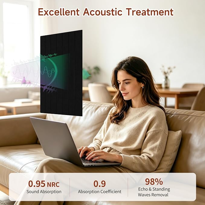 TO-TH Sound Proof Wall Panels 12 Pack Peel and Stick Acoustic Panel, Black | Self-Adhesive, Reduce Echo & Flutter, Polyester Fiber, 11.8"×15.7"×0.35", Sound Absorbing Panel for Indoor Acoustic Treatment - Image 3