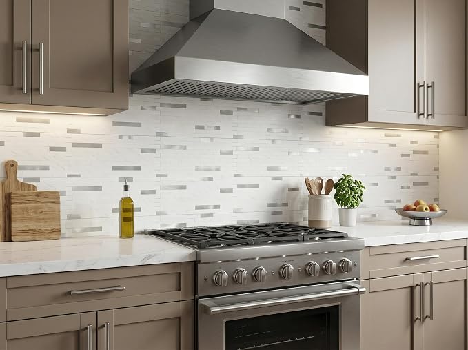 Yipscazo 20 Sheets Peel and Stick Stone Metal Tile Backsplash, Stick on Tiles for Backsplash Kitchen, Bathroom, Laundry Room, Camper, Fireplace (12'' X 12'', White Stone with Metal) - Image 3