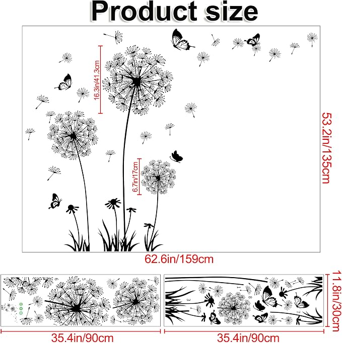 Dandelion Wall Decals Removable Flower Wall Stickers Peel and Stick Floral Butterfly Murals Party Decoration for Bedroom Living Room Sofa Backdrop TV Dandelion Wall Decor (Black) - Image 2