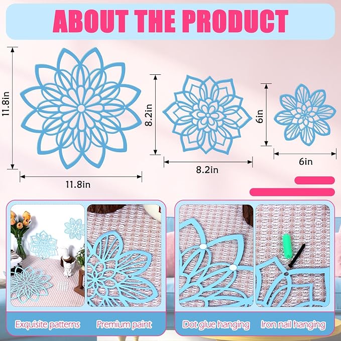 Zzbakress 3 Pcs Metal Flowers Wall Art Bathroom Wall Decor (Blue Elegant) | Farmhouse Flower Bathroom Decor Wall Decorations For Bathroom, Living Room, Office, Kitchen, Hallway And Outdoor - Image 3