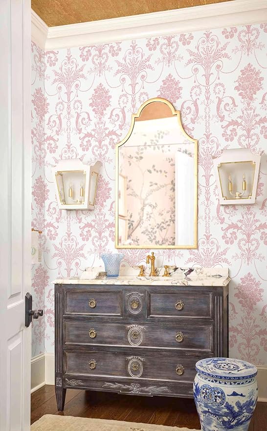 Damask Floral Peel and Stick Wallpaper Boho Pink and White Contact Paper | 17.3" X 197" Pink Damascus Decorative Wallpaper DIY Removable Self Adhesive Wallpaper for Bedroom Cabinets Covering Vinyl - Image 6