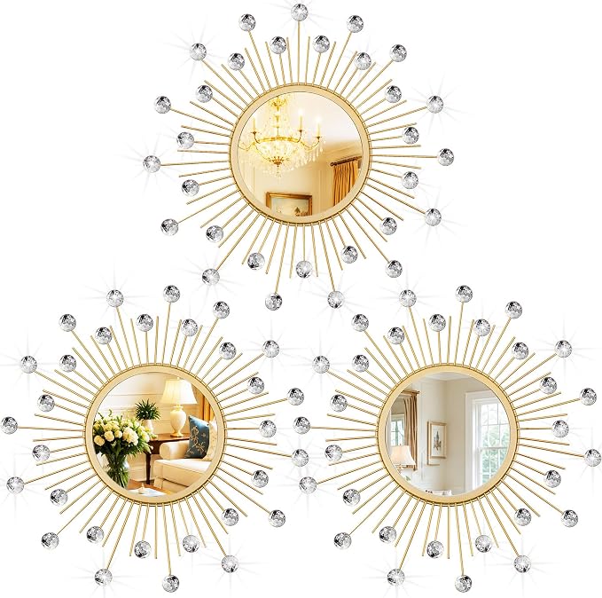 3 Pack Metal Mirrors for Wall Sunburst Wall Mirrors Home Décor Decorative Hanging Wall Art for Living Room Bedroom Entryway (Gold Crystal, Sunburst) by Uaussi