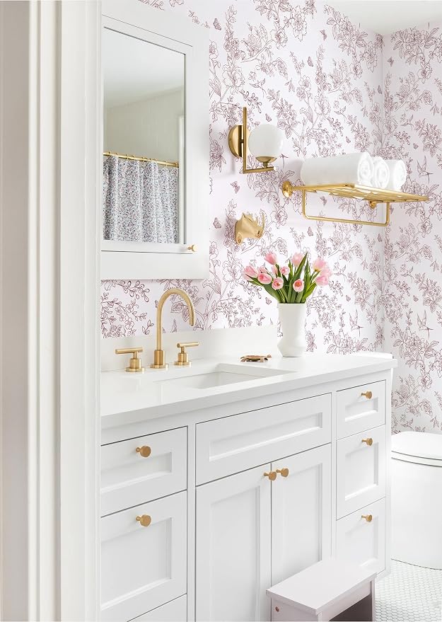 Froluya Floral Peel and Stick Wallpaper Vintage Red White 17.7in×118.1in | Red Floral Contact Paper Peel and Stick Boho Self Adhesive Wallpaper Flowers Birds Removable Wall Paper for Bathroom Decor - Image 4