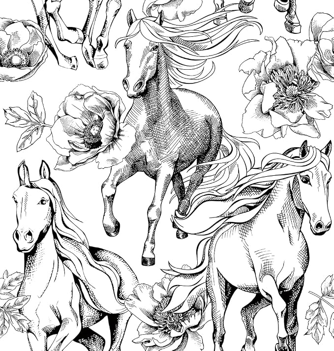 Black and White Peony Floral Horse Modern Peel and Stick Wallpaper Wall Decor Self Adhesive Wall Paper Stick on Easy Peel Off Contact Paper for Renter Bedroom Apartment by VistaPalette